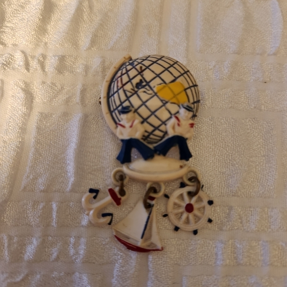 Vintage Celluloid 1950s Plastic "School Days" Charm Jewelry; Globe Pin